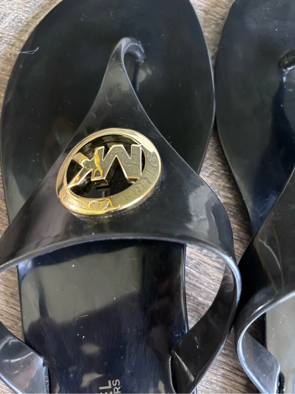 Michael Kors Black Jelly Thong Sandals with Gold MK Medallion-8